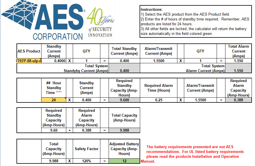 Screenshot of AES Battery Calculator