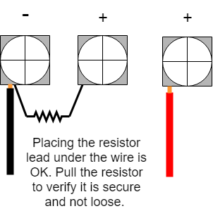 3 terminals with resistor placed under 1 wire