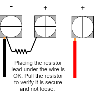 3 terminals with resistor placed under 1 wire 